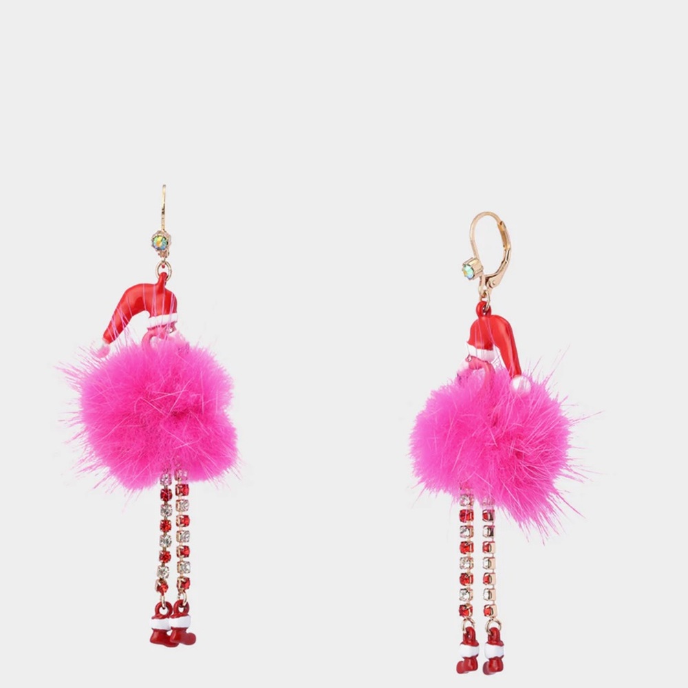 Betsey Johnson Fluffy Pink Flamingo Wearing Red Santa Hat Dangle Earrings